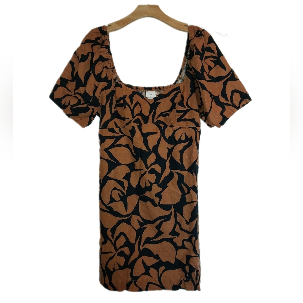 🔴 LAST CHANCE New Day Brown/Black Leaf Print Linen Off the Shoulder Dress